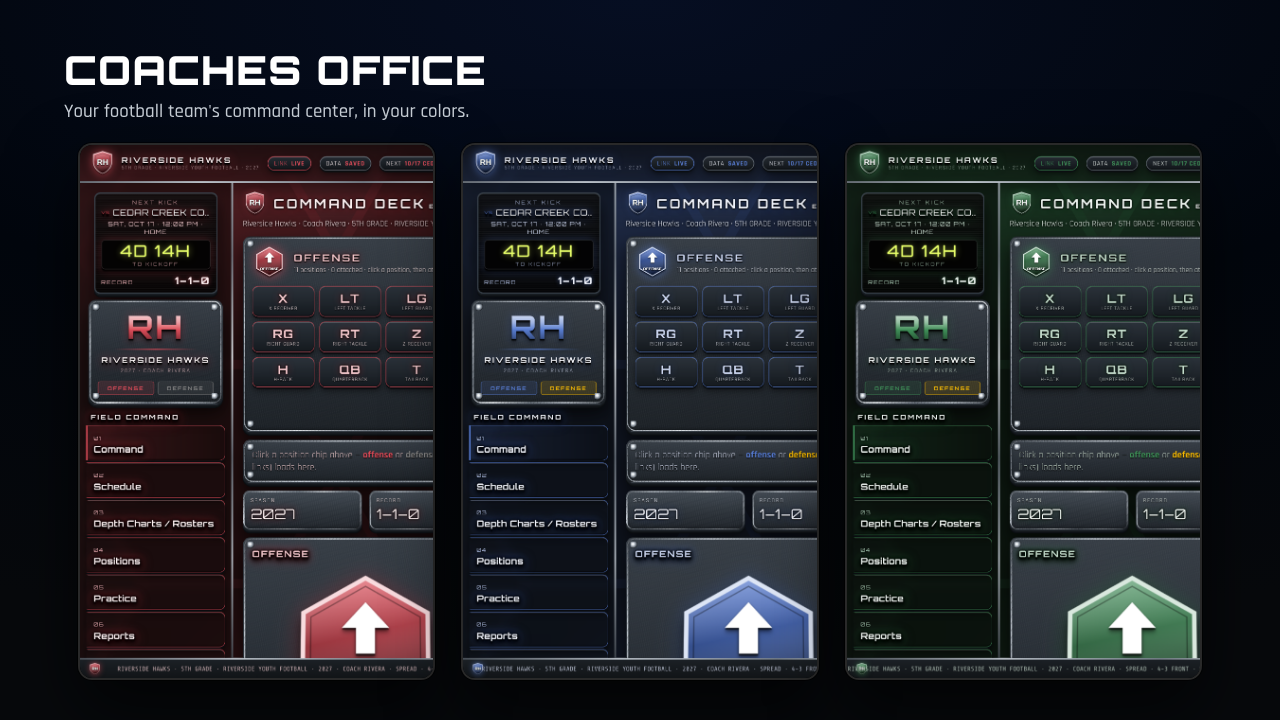 Coaches Office HUD shown in red, blue and green team colors
